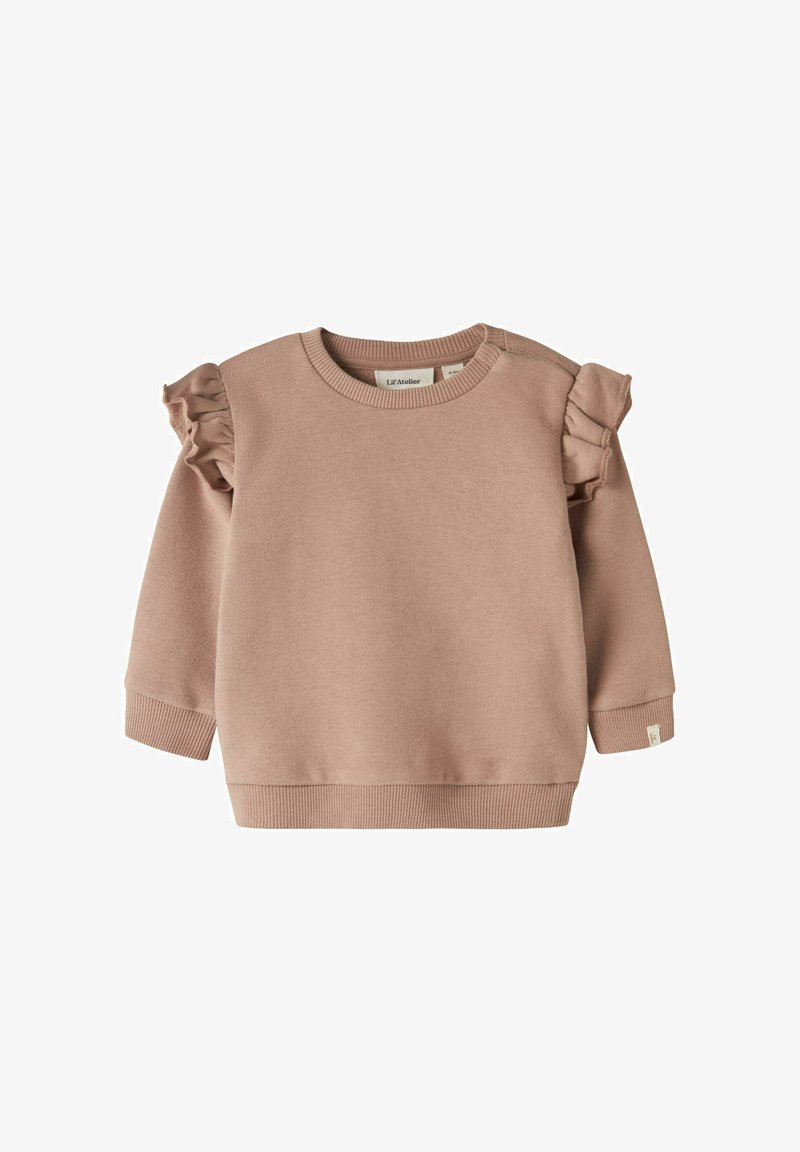 Svetlo ružová mikina s volánikmi na rukávoch, rebrovaným výstrihom a manžetami. Mäkká textúra, ležérny dizajn a značka viditeľná vo vnútri.