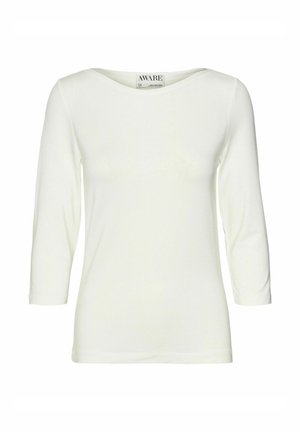 Valge, pika varrukaga T-särk laeva kaelusega, valmistatud pehmest ja venivast kangast. Lihtne disain, ilma mustrite või kaunistusteta.