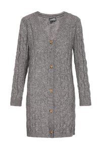 Cardigan grigio lavorato a maglia con scollo a V, caratterizzato da un motivo a trecce e cinque bottoni in legno marrone. Maniche lunghe con polsini a coste.