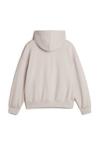 Beige hooded sweatshirt with a relaxed fit, ribbed cuffs and hem, brushed interior texture, and kangaroo pocket opening.