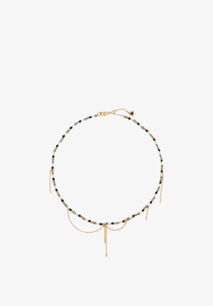 Naszyjnik z naprzemiennie ułożonymi małymi czarnymi, zielonymi i brązowymi koralikami, złotymi akcentami na łańcuszku oraz zapięciem na karabińczyk z regulowanym łańcuszkiem.
