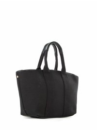 Borsa tote nera in canvas con manici in pelle, dotata di cuciture verticali e una forma strutturata. Nessuna ferramenta o decorazione visibile.