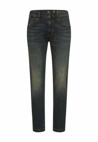 Dark blue denim jeans with a relaxed fit, featuring five pockets, contrast stitching, and subtle faded details on the front and back.