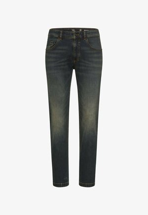 Dunkelblaue Jeans aus Denim mit relaxter Passform, ausgestattet mit fünf Taschen, kontrastierenden Nähten und dezenten Verblassungen an Vorder- und Rückseite.