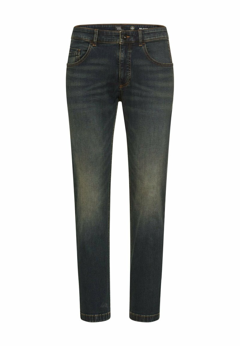 Dark blue denim jeans with a relaxed fit, featuring five pockets, contrast stitching, and subtle faded details on the front and back.