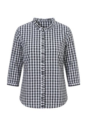 Ulla Popken, CHECKED RUFFLE TRIM 3/4 SLEEVE BUTTON-DOWN SHIRT - Blůza - black