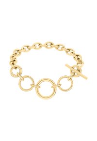Gouden kettingarmband met onderling verbonden ronde schakels, een druksluiting en een gladde, gepolijste afwerking.