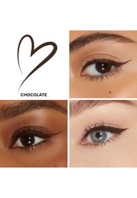 Drie close-up afbeeldingen van ogen met gevleugelde eyeliner. Tekst luidt "Chocolade" en er staat een bruine hartgrafiek in de linkerbovenhoek.