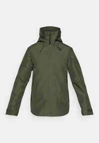 Olive zelená nepremokavá bunda s nastaviteľnou kapucňou, predným zipsom, bočnými vreckami na zips a suchým zipsom na zápästiach.
