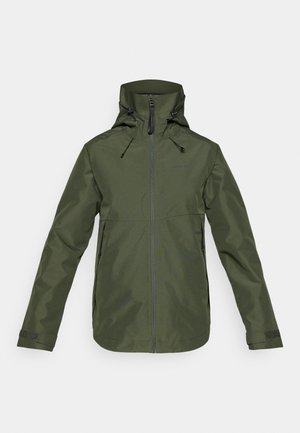 Casaco impermeável verde-azeitona com capuz ajustável, fecho frontal, bolsos laterais com fecho de correr e fechos de pulso em Velcro.
