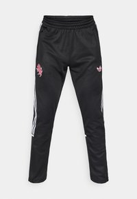 Μαύρο αθλητικό παντελόνι με υφή, με ροζ κεντημένο λογότυπο και σχέδιο, λευκές ρίγες στο πλάι και ελαστική μέση.