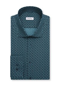 Chemise à manches longues pliée avec motif géométrique bleu et noir, boutonnée devant, col droit et étiquette de marque à l'intérieur du col.