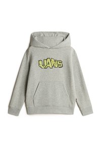 Sweatshirt à capuche gris avec poche avant. Présente un texte graphique audacieux "LUANS" en noir et jaune néon. Tissu doux, manches longues.