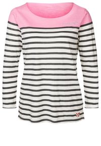 Long-sleeve top with a pink yoke. Features horizontal black and white stripes, round neckline, and a small embroidered detail near the hem.