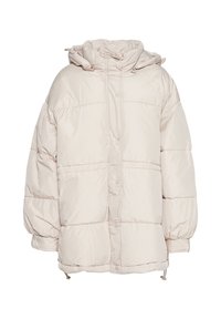 Pufová bunda v svetlej béžovej farbe, s kapucňou, predným zapínaním na cvoky a elastickými manžetami. Mäkká prešívaná textúra s šnúrkou na spodnom okraji.