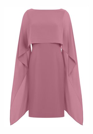 Mauve knielange jurk met aangehechte vloeiende capemouwen en boothals, die een elegante gelaagde silhouet creëert.