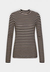 Stribet langærmet top med sorte og beige vandrette striber, rund halsudskæring og tætsiddende design. Blød stoftekstur.
