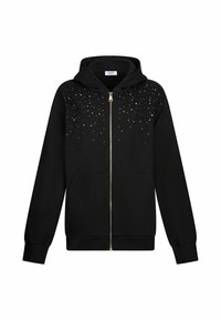 Sweat à capuche noir zippé avec une fermeture éclair dorée, petits clous brillants dispersés sur le haut devant, et une capuche avec poches avant et poignets côtelés.