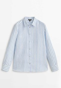 Chemise à manches longues avec rayures verticales bleu clair et blanc, col classique et poignets à boutons.