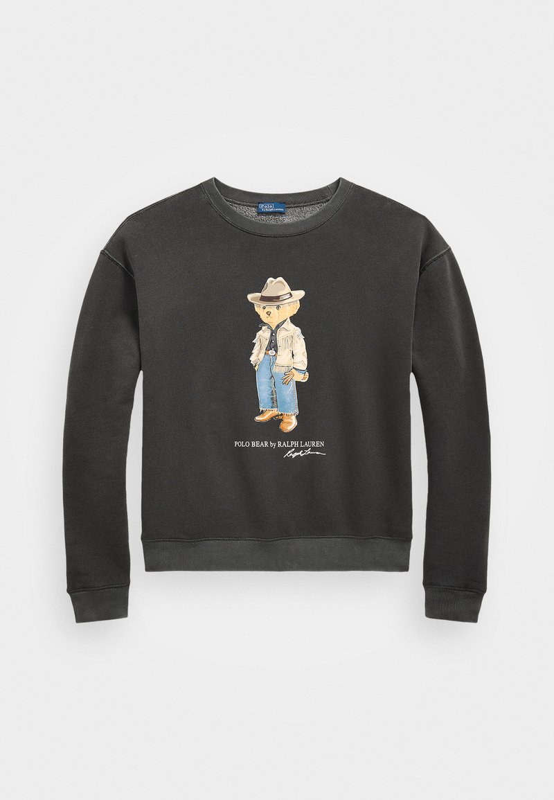 Dunkelgrauer Sweatshirt mit gerippten Bündchen und Saum, das eine Grafik eines Bären in einem Cowboy-Outfit mit Text darunter zeigt. Aus weicher Baumwolle, lässiges Design.