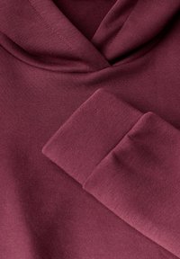 Felpa bordò con cappuccio in tessuto dalla texture liscia; presenta un colletto ripiegato e maniche con polsini. Dettagli delle cuciture visibili.