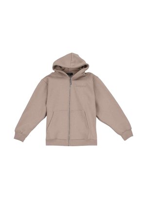 Zipper dukserica s kapuljačom u svijetlo bež boji, napravljena od mekanog materijala. Ima kapuljaču, dva prednja džepa te rebraste rukave i rub. Izviđeni logo na prsima.