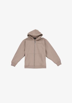 Zip-front hoodie in light beige, made of soft fabric. Features a hood, two front pockets, and ribbed cuffs and hem. Embroidered logo on chest.