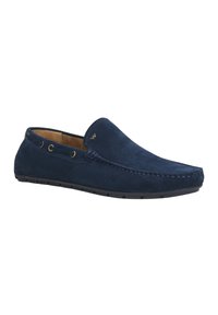 Mocassini slip-on in suede blu navy con cuciture a contrasto, punta rotonda, lacci decorativi attorno al colletto e suola in gomma testurizzata.