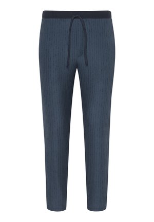 Navy jogger pants made from soft fabric, featuring a textured design with vertical stripes, an elastic waistband, and a drawstring closure.