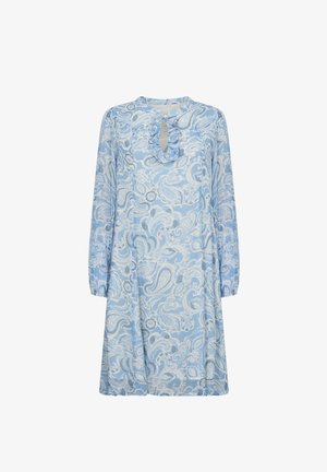 Világoskék ruha paisley mintával, kulcslyuk nyakmegoldással, hosszú ujjakkal és laza szabással. Puha, könnyű anyagból készült.