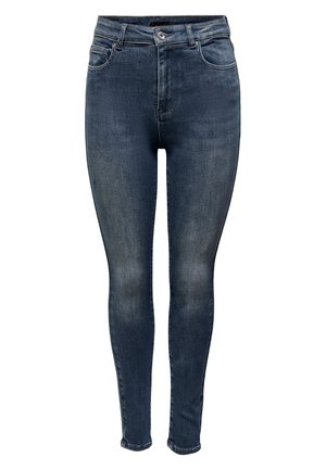 Jean skinny taille haute bleu foncé avec poches avant, fermeture à bouton et détails légèrement décolorés sur les jambes.