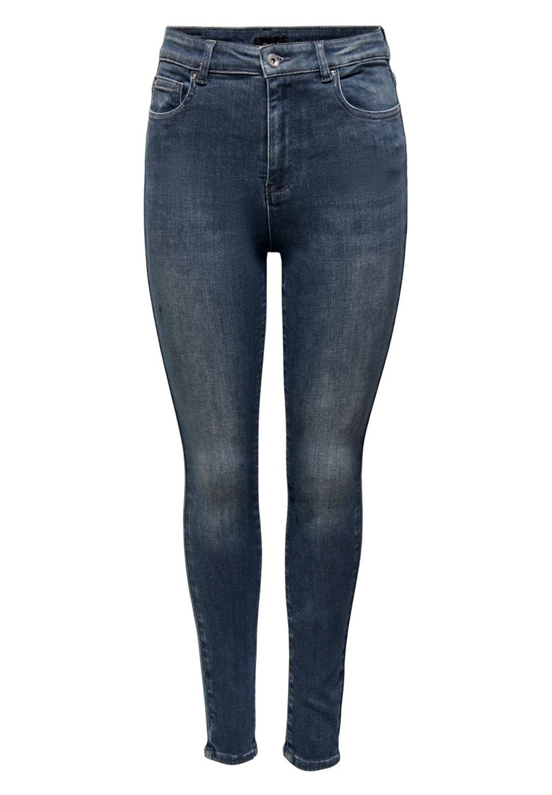 Jeans skinny de tiro alto en azul oscuro, con bolsillos frontales, cierre de botón y sutiles detalles de efecto desgastado en las piernas.