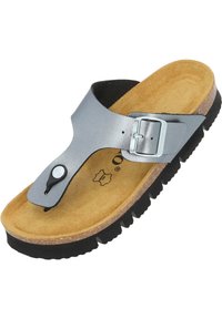 Grå læder flip-flop med justerbart spænde, kork fodseng og sort gummiydersål med struktureret sål. Blød suede inderside.