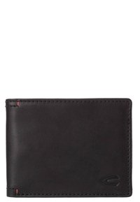 Billetera de piel negra tipo bifold con costuras sutiles y un pequeño logo en relieve en la esquina inferior derecha.