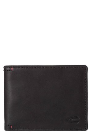 Black leather bifold wallet with subtle stitching and a small embossed logo in the bottom right corner.