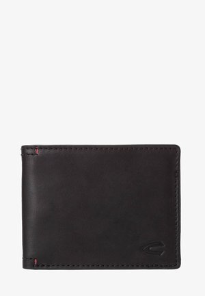 Zwarte leren bifold portemonnee met subtiele stiksels en een klein gedrukt logo in de rechterbenedenhoek.
