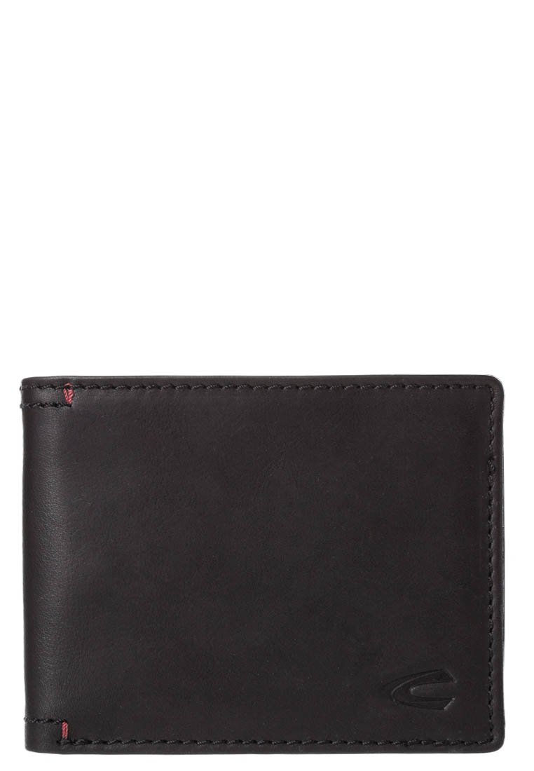 Billetera de piel negra tipo bifold con costuras sutiles y un pequeño logo en relieve en la esquina inferior derecha.