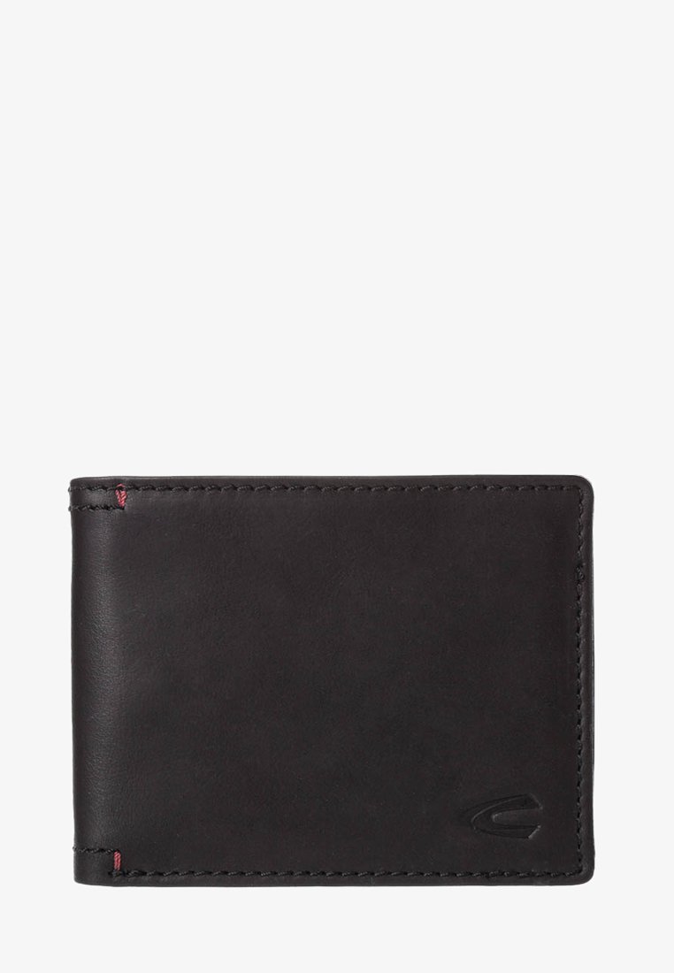 Sort læder bifold pengeklæde med diskret syning og et lille præget logo i nederste højre hjørne.