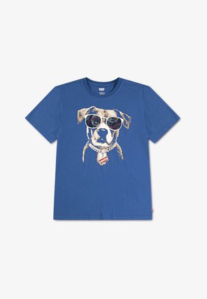 Blå bomulds T-shirt med en grafik af en hund iført solbriller og en krave med en rød mærkat med teksten "Levi's".