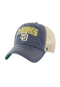 Marineblaue Baseballkappe mit gelbem "PADRES"-Text und grauem "SD"-Logo, mit einem Netzrücken und grünem Schirmunterseite.