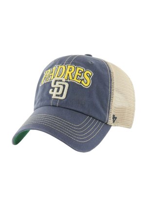 Navy blue baseball cap with yellow "PADRES" text and gray "SD" logo, featuring a mesh back and green underside of the brim.