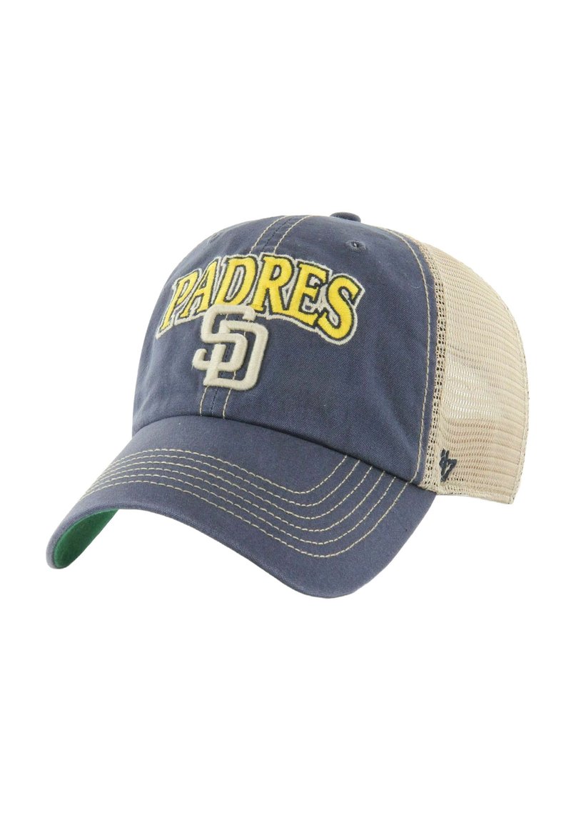 Marineblaue Baseballkappe mit gelbem "PADRES"-Text und grauem "SD"-Logo, mit einem Netzrücken und grünem Schirmunterseite.