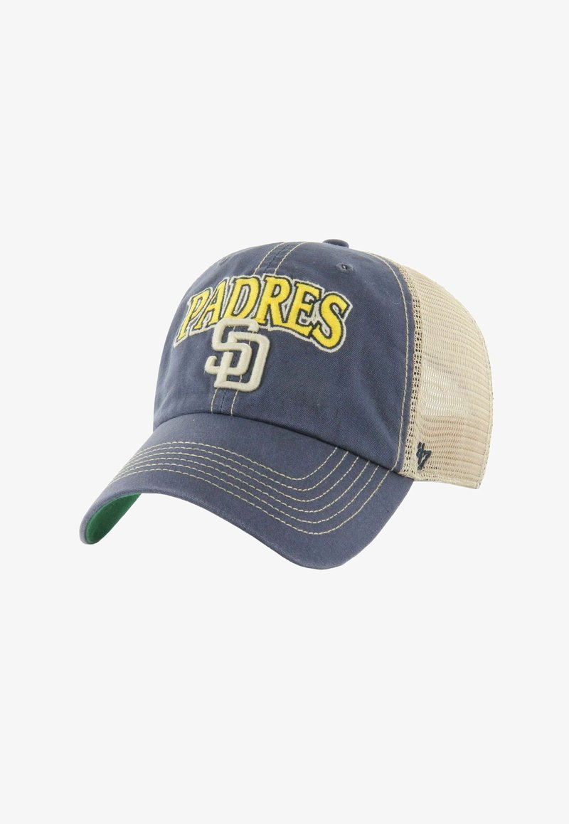 Marineblaue Baseballkappe mit gelbem "PADRES"-Text und grauem "SD"-Logo, mit einem Netzrücken und grünem Schirmunterseite.