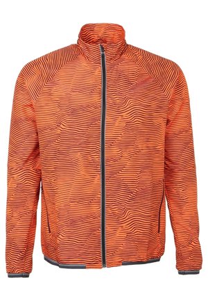 Man die jogt in een oranje jas met patroon, grijze korte broek, blauwe Adidas kniekousen en zwarte Adidas hardloopschoenen op een effen achtergrond.
