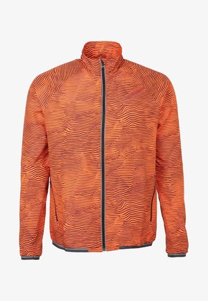 Mann joggt in einer orange gemusterten Jacke, grauen Shorts, blauen kniehohen Adidas-Socken und schwarzen Adidas-Laufschuhen vor schlichtem Hintergrund.