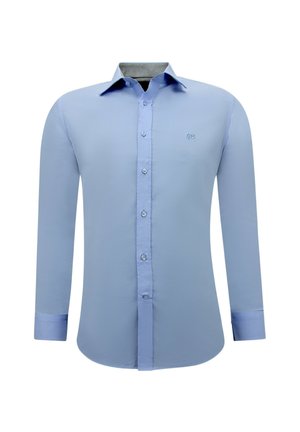 Lichtblauw shirt met lange mouwen van gladde stof, voorzien van een klassieke kraag, knoopsluiting aan de voorkant en een subtiel logo op de borst.