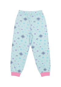 Light blue pajama pants featuring a mixed pattern of purple and turquoise snowflakes and geometric shapes, with pink elastic cuffs.