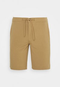 Pantaloni corti marroni fino al ginocchio realizzati in un tessuto morbido, con una vita regolabile tramite cordoncino e un design semplice e senza decorazioni.