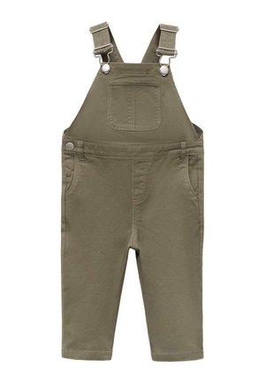 Salopette verte olive avec bretelles réglables, une poche avant et deux poches latérales, conçue pour les enfants.