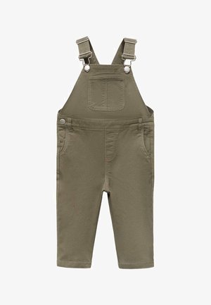 Salopette verde oliva con bretelle regolabili, tasca frontale e due tasche laterali, progettata per bambini.